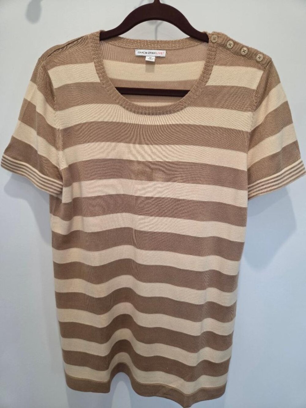 Issac Mizrahi Lovely Crew Neck Knit Pull Over Tan & Cream Striped Sweater size M